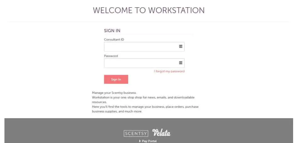 Login Scentsy Workstation page screen
