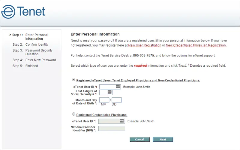 eTenet Password Reset Page Option