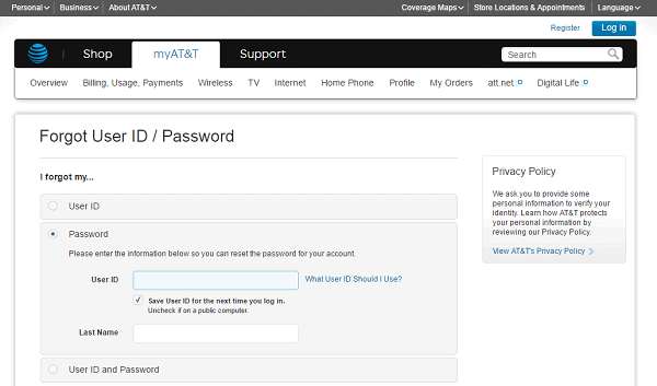 Att.net login Recover Password page