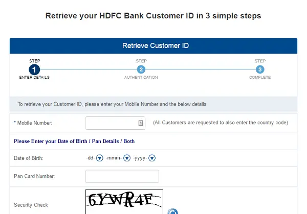 HDFC Customer ID Recovery Page