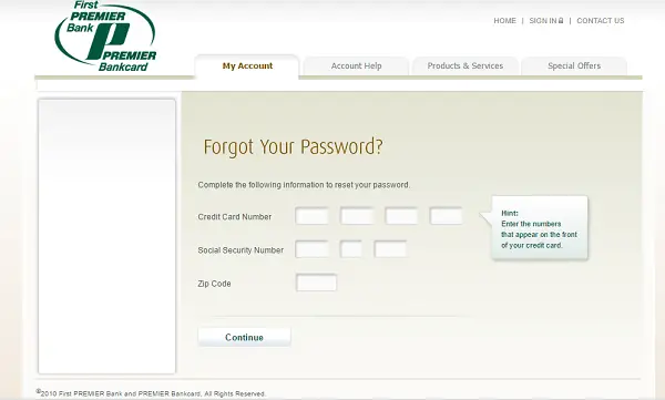 First Premier credit card login Bank Forgot Password Page