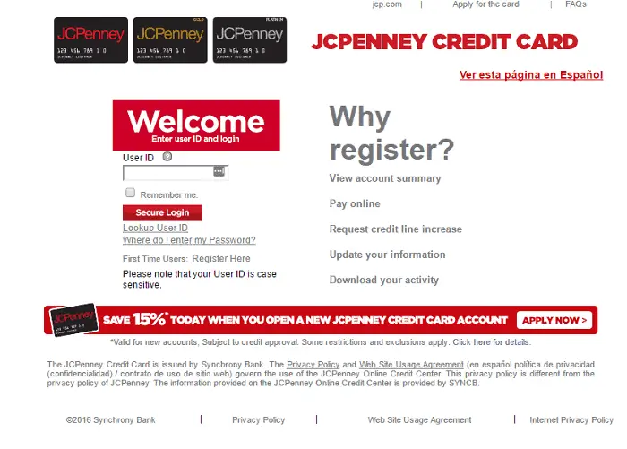 JCPenney credit card login Page