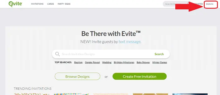 Evite homepage log in